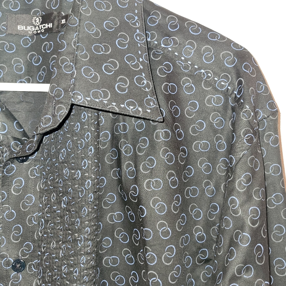 Mens Bugatchi Long Sleeve Dress  Shirt Gray Geometric Pattern Size XL